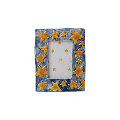 Hello Honey® Handmade Stoneware Photo Frame with Blue Frame and Yellow Stars