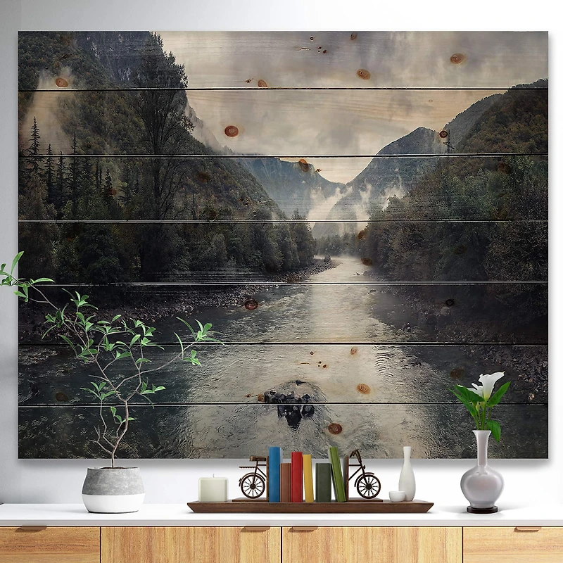 Designart - Mountain River with Fog and Rain