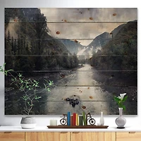 Designart - Mountain River with Fog and Rain