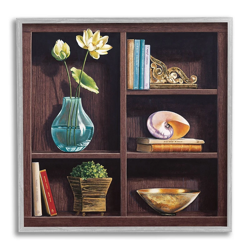 Stupell Industries Elegant Bookshelf Still-Life with Lotus Floral Vase in Gray Frame Wall Art