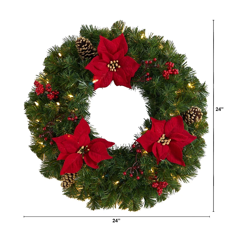 24" White LED Lights Poinsettia, Berry & Pinecone Artificial Wreath
