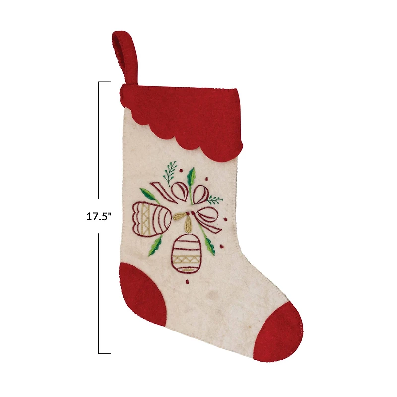 Hello Honey® 17.5" Red & White Wool Felt Stocking with Embroidered Bells & Red Scalloped Trim