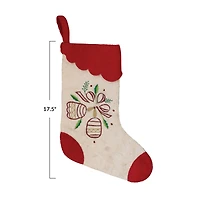 Hello Honey® 17.5" Red & White Wool Felt Stocking with Embroidered Bells & Red Scalloped Trim
