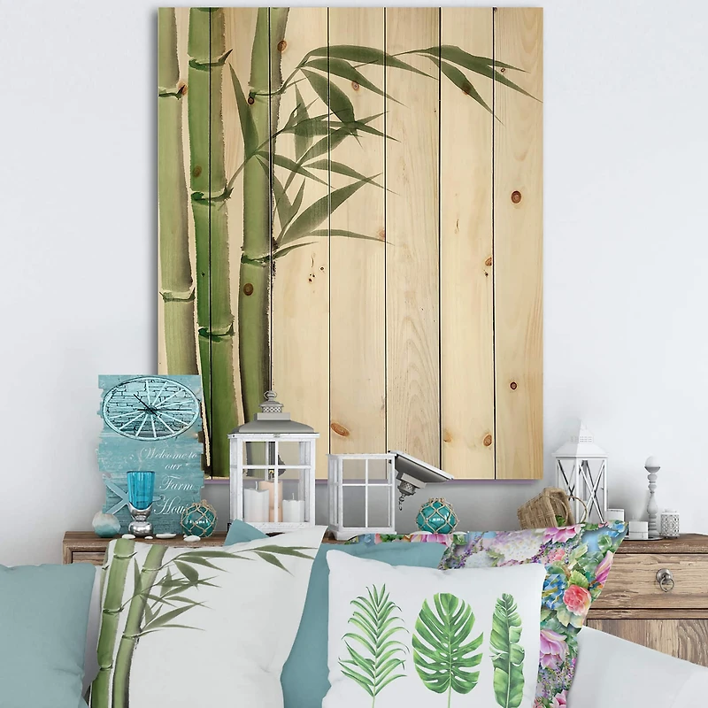 Designart - Detail of Dark Green Bamboo IV - Traditional Print on Natural Pine Wood