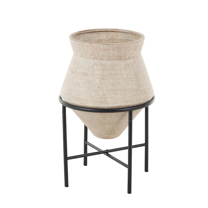 24.5" Beige Metal Wide Vase with Black Metal Stand