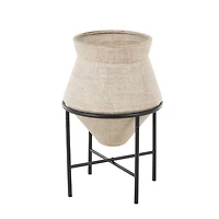 24.5" Beige Metal Wide Vase with Black Metal Stand