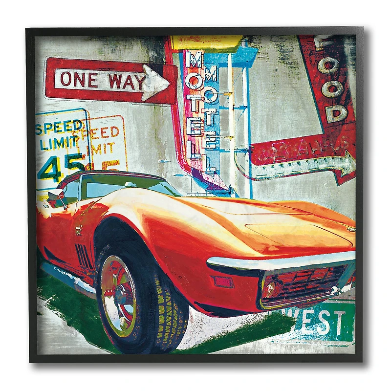 Stupell Industries Vibrant Sports Car Road Sign Pop Art Collage, 12" x 12"