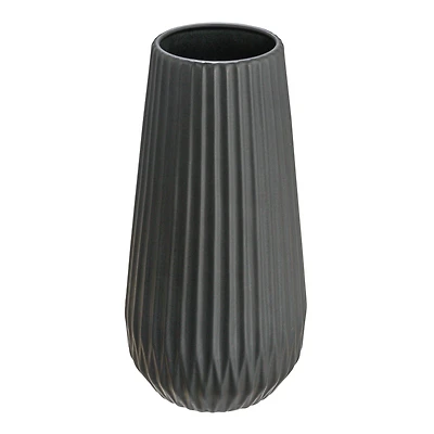 Hello Honey® 11.5" Matte Black Round Stoneware Fluted Vase with Embossed Lines