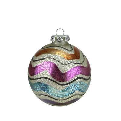 4.5" Shiny White Striped Merry & Bright Glass Ball Ornament