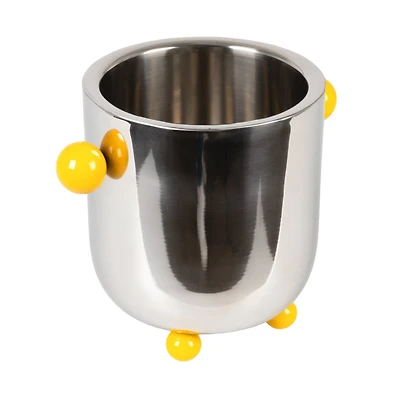Hello Honey Stainless Steel Ice Bucket with Citron Color Enameled Ball Handles and Feet, Silver