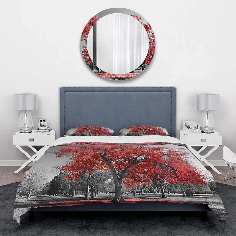 Designart 'Big Red Tree on Foggy Day' Traditional Bedding Set