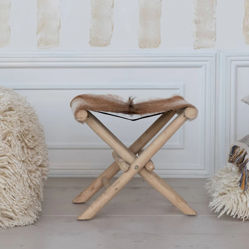 Hello Honey® Natural Teakwood and Goat Fur Folding Stool