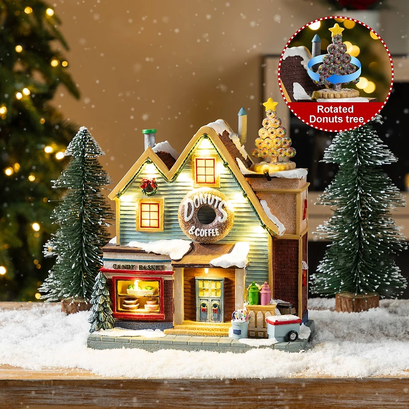 Glitzhome® 10.25" Lighted Christmas Donuts & Coffee Shop Resin Village with Movement and Music