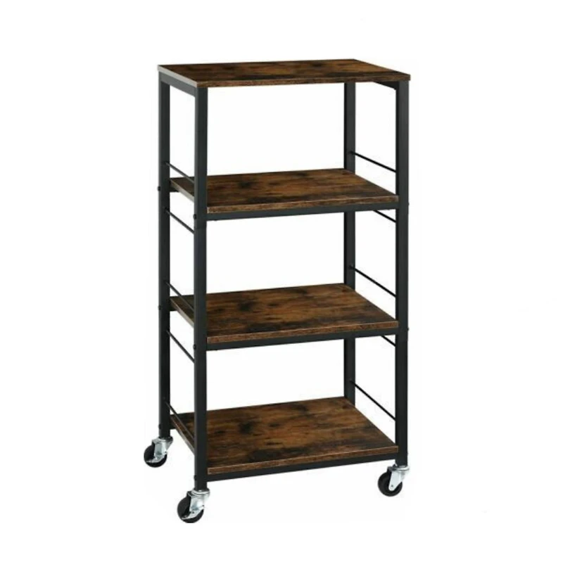 Rustic Brown 4-Tier Utility Cart Rolling Kitchen Storage Cart Wood Top
