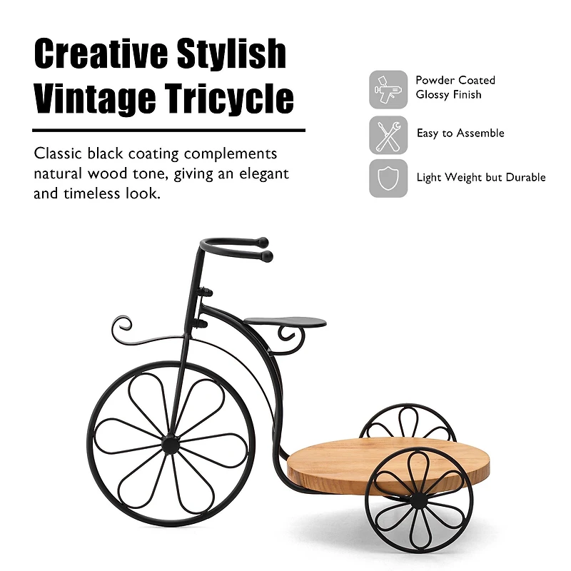 Glitzhome® 18" Black Metal Tricycle Planter Stand with Solid Wood Tray