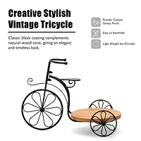 Glitzhome® 18" Black Metal Tricycle Planter Stand with Solid Wood Tray