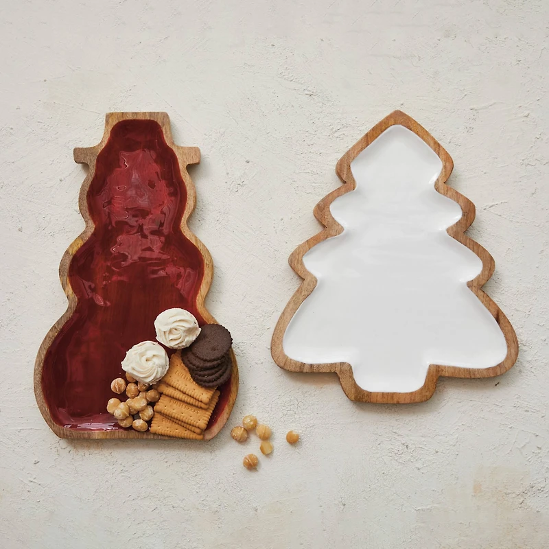 Hello Honey® 16" Red Enameled Mango Wood Snowman Shaped Tray