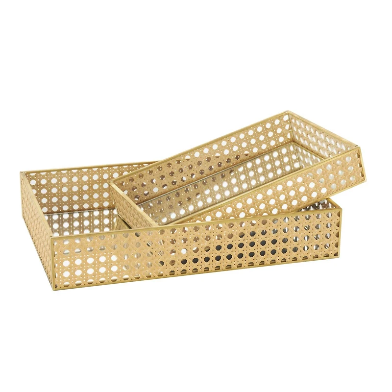 Brown Woven Rattan Tray Set with Mirrored Glass Interiors