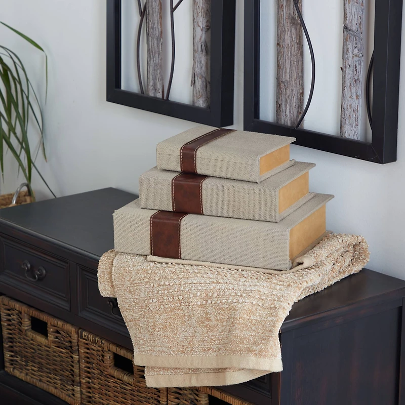 Beige & Brown Traditional Rectangular Wooden Book Set