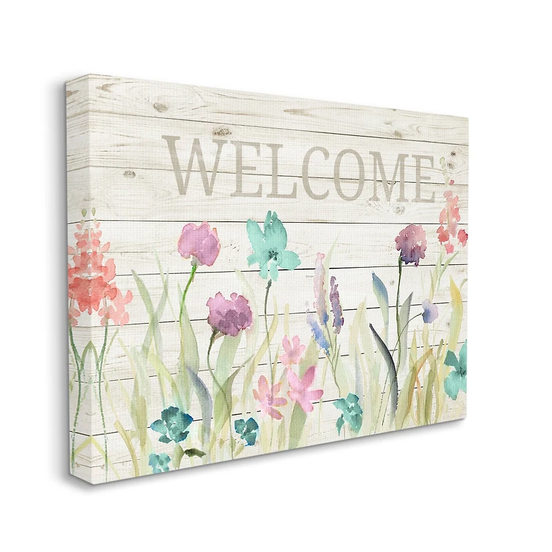 Stupell Industries Welcome Sign Spring Wildflower Meadow Rustic Pattern Canvas Wall Art