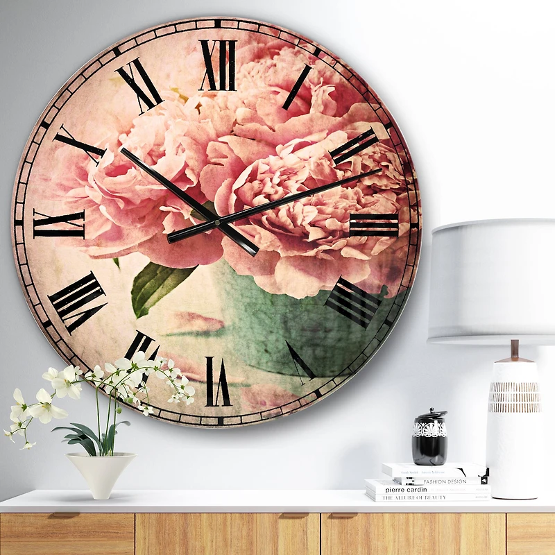 Designart Pink Peony Flowers in Vase Traditional Wall Clock