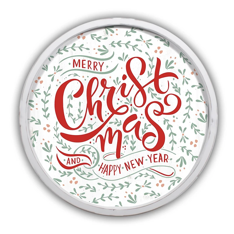 Faded Merry Christmas & Happy New Year Round Wall Art in White Frame
