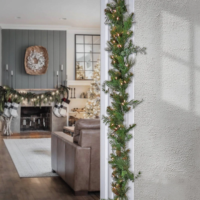 First Traditions™ Collection 9ft. Pre-Lit Artificial North Conway Garland with Glittery Cones & Eucalyptus, 100 Clear Lights