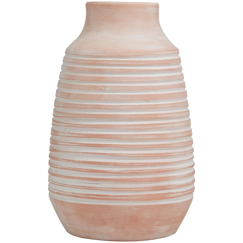 15" Pink Whitewashed Ribbed Terra Cotta Vase