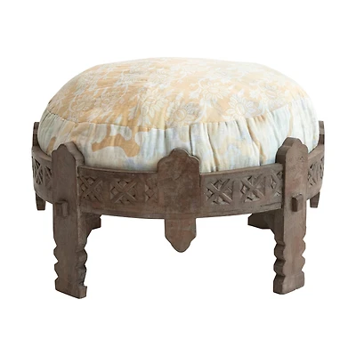 Hello Honey® 24" Carved Reclaimed Wood Stool with Bleached Vintage Cotton Kantha Patchwork Cushion