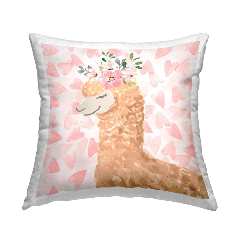 Stupell Industries Fluffy Floral Alpaca Cute Pink Heart Pattern Throw Pillow, 18" x 18"