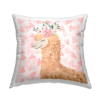 Stupell Industries Fluffy Floral Alpaca Cute Pink Heart Pattern Throw Pillow, 18" x 18"