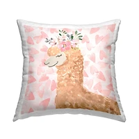 Stupell Industries Fluffy Floral Alpaca Cute Pink Heart Pattern Throw Pillow, 18" x 18"