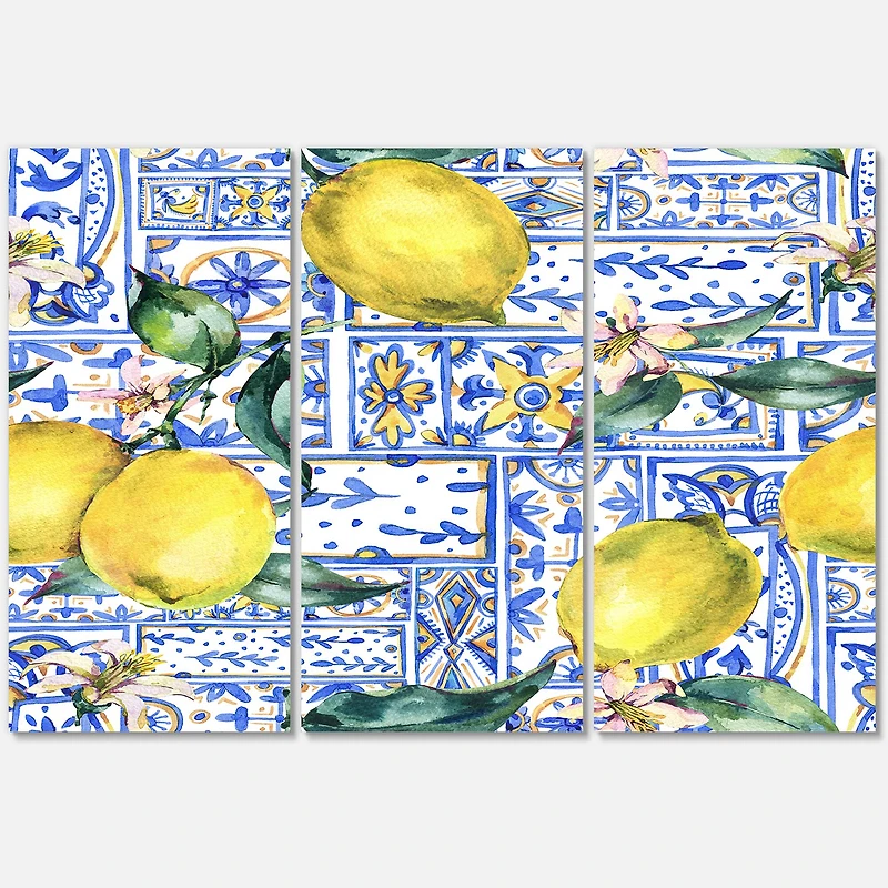 Designart - Lemon Ornament On Blue Geometrical Pattern I