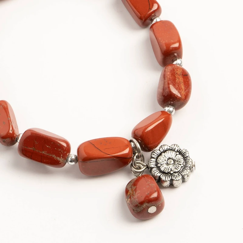John Bead Red Jasper Stretch Bracelet with Flower Charm