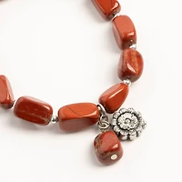 John Bead Red Jasper Stretch Bracelet with Flower Charm