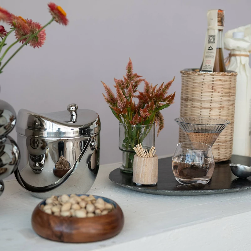 Hello Honey 1-Quart Stainless Steel Double-Wall Ice Bucket with Handle and Curved Lid, Brushed Nickel Finish