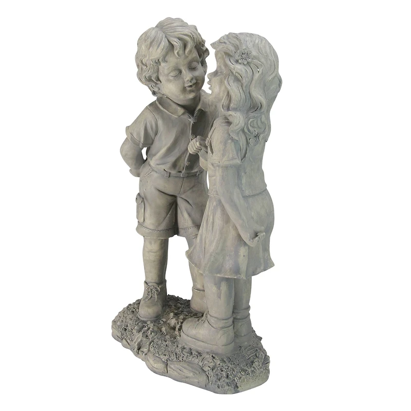 18.5" Weathered Gray Stone Boy & Girl First Kiss Outdoor Garden Statue