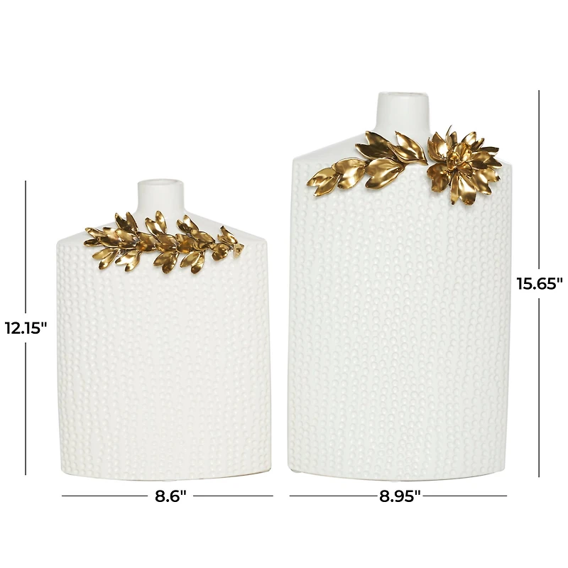 White & Gold Leaf Accent Ceramic Vase Set