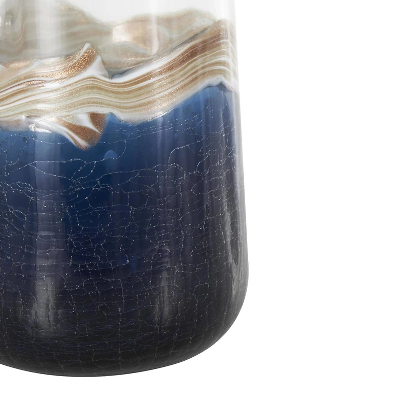 Dark Blue Glass Abstract Textured Swirl Decorative Vase Set with Gold & Cream Accents