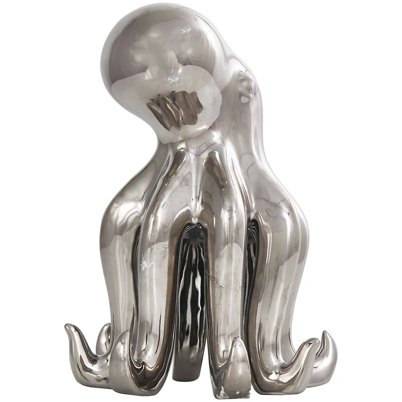 8" Silver Ceramic Octopus Sculpture