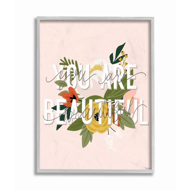 Stupell Industries You Are Beautiful Pink Flower with Gray Frame Wall Accent
