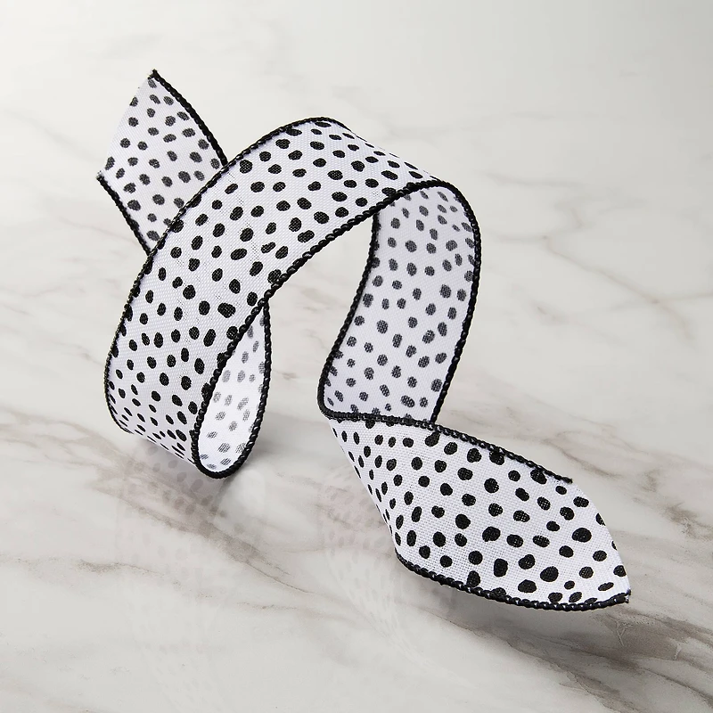 1.5" x 3yd. White & Black Faux Linen Wired Dots Ribbon by Celebrate It® Classic