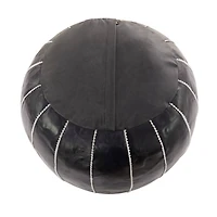 24" Black Leather Moroccan Floral Pouf with White Stitching