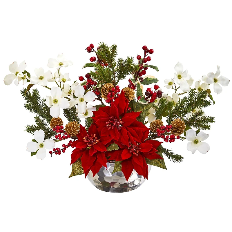 18" Red Poinsettia, Dogwood, Berry & Pine Artificial Arrangement in Silver Vase
