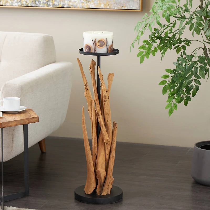 31" Brown Teak Wood Handmade Tall Tree Branch Floor Candle Holder with Black Metal Accents