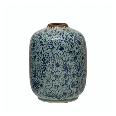 Hello Honey® 7" Distressed Blue Terracotta Vase with Floral Pattern
