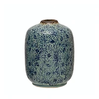 Hello Honey® 7" Distressed Blue Terracotta Vase with Floral Pattern