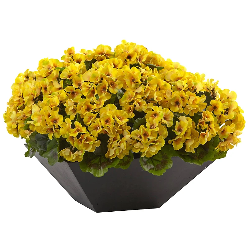 15" UV Resistant Yellow Geranium Arrangement in Black Planter
