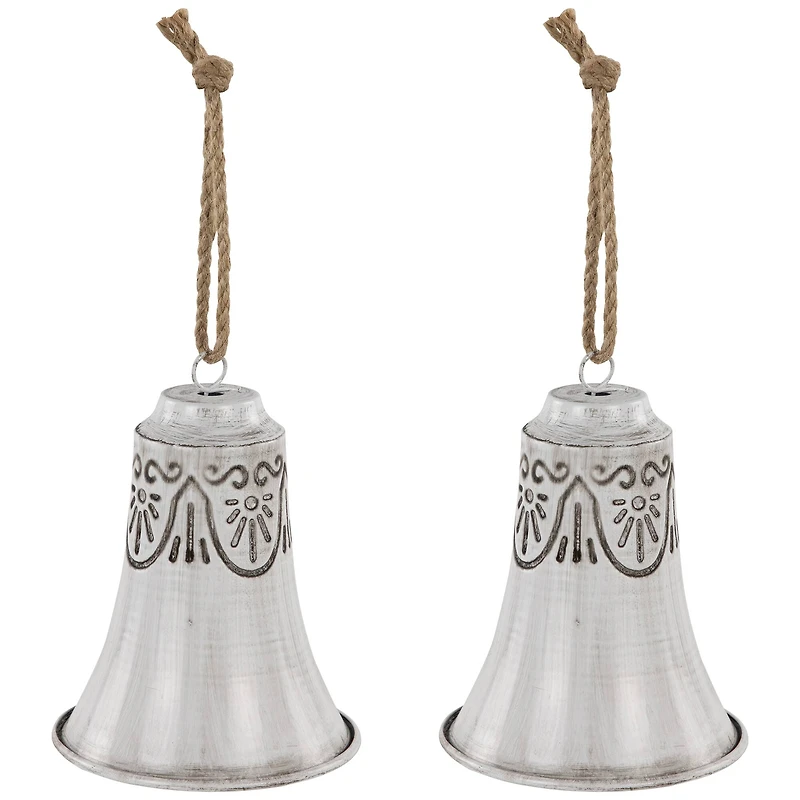 Embossed Bells Christmas Ornaments - 6" - Gray and White - Set of 2