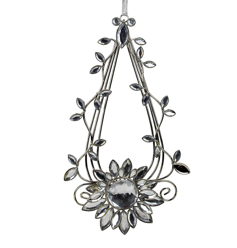 7" Silver Flower Jeweled Teardrop Christmas Ornament